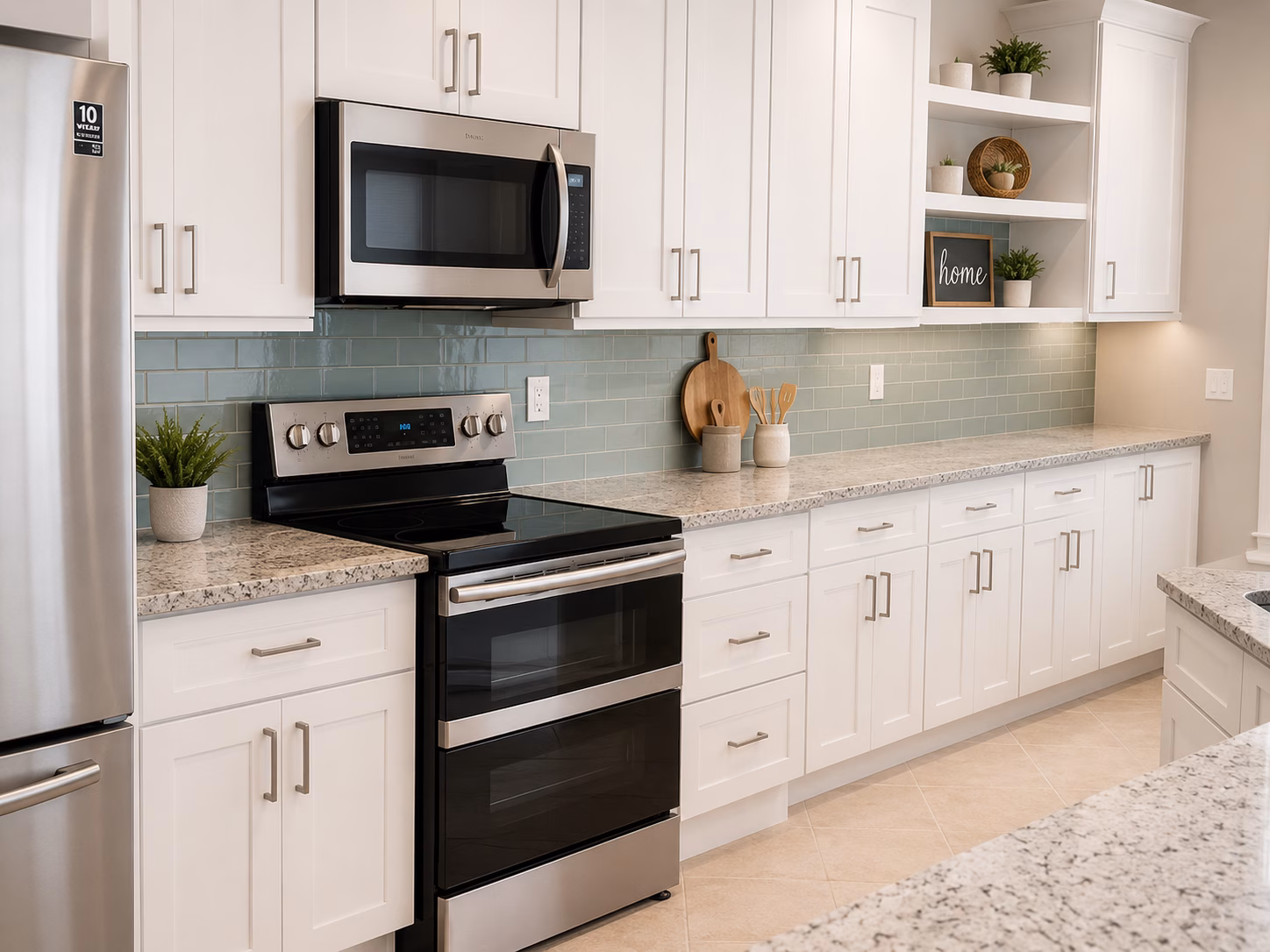 White cabinets, green glass tile backsplash and open shelves in a kitchen remodeled by BFM Builders