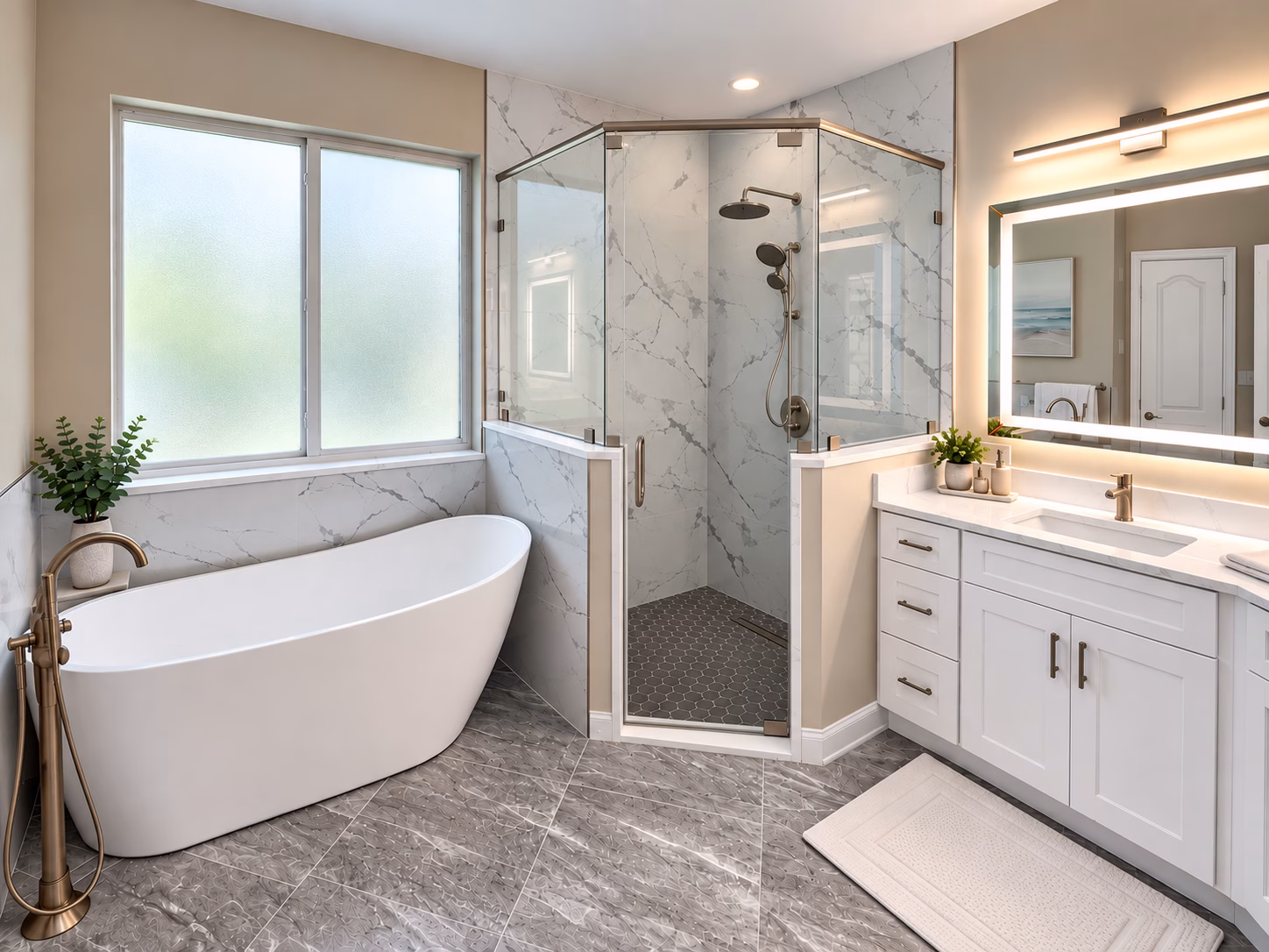 Freestanding tub and glass corner shower with marble-look walls in a master bathroom remodeled by BFM Builders