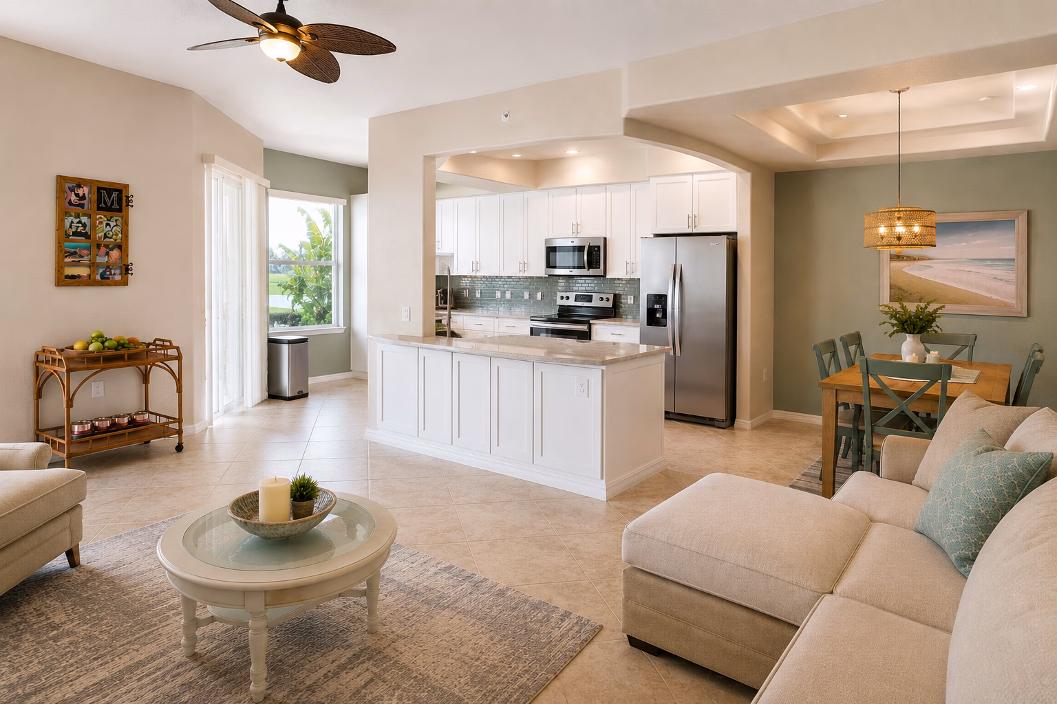 Open-concept kitchen with white cabinets and a long island, open to the living and dining areas, remodeled by BFM Builders