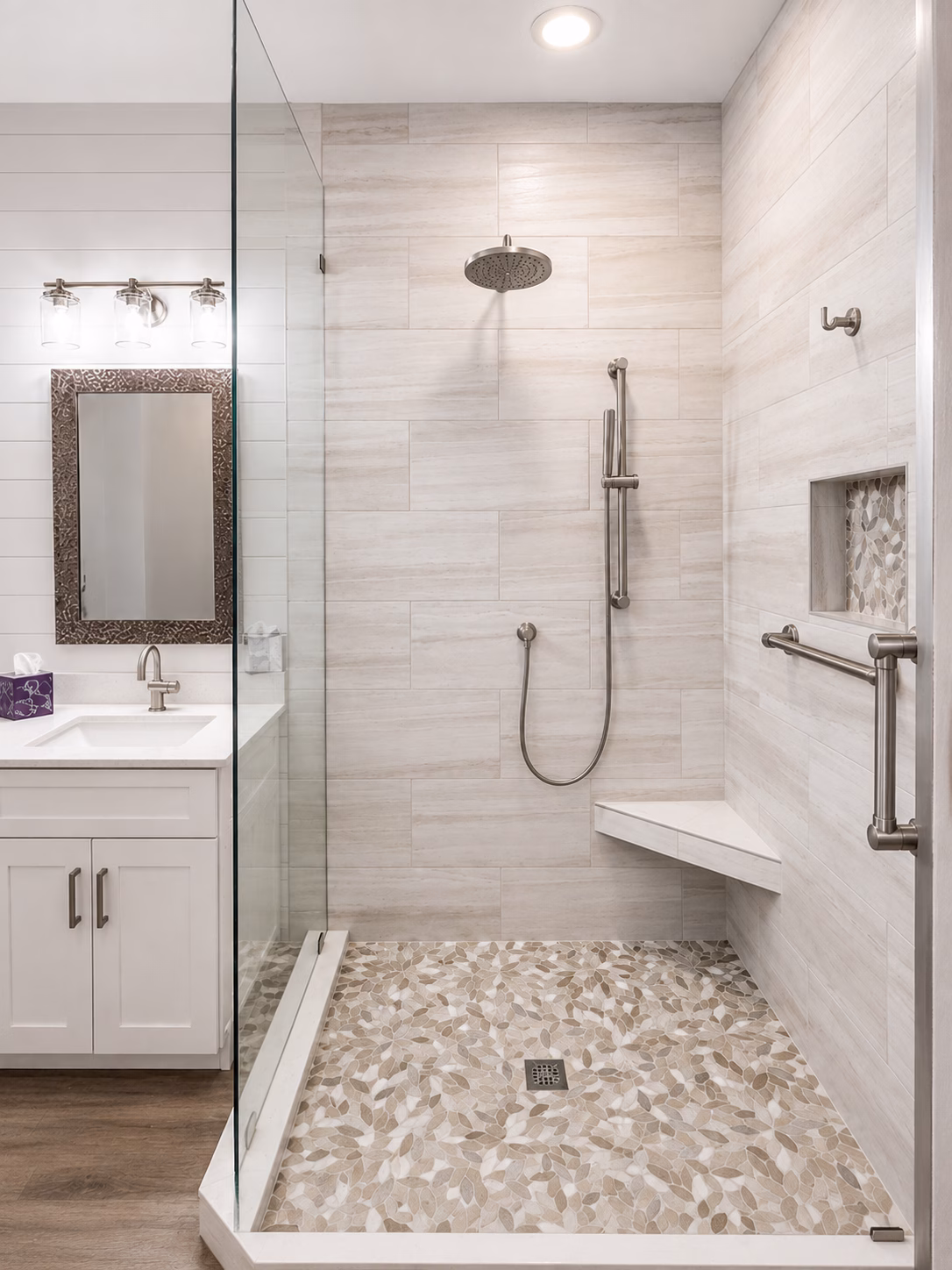 Walk-in shower with a built-in bench, niche and pebble floor next to shiplap walls, remodeled by BFM Builders